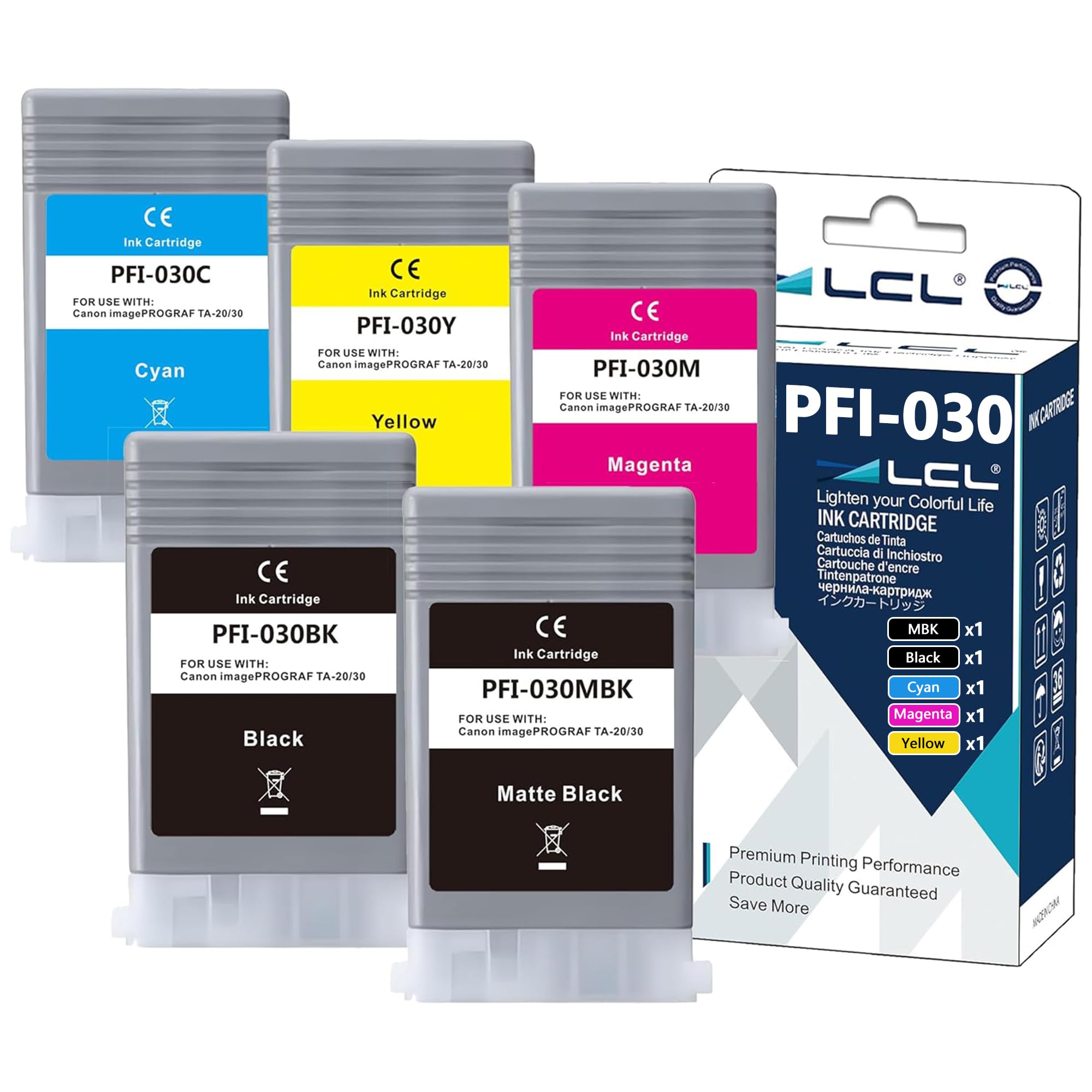 LCL PFI-030 Cartuccia d'inchiostro compatibile PFI030 PFI-030 PFI-030MBK PFI-030BK PFI-030C PFI-030M PFI-030Y (MBK+KCMY) Sostituzione per Canon ImagePrograf TA-20 ImagePrograf TA-30