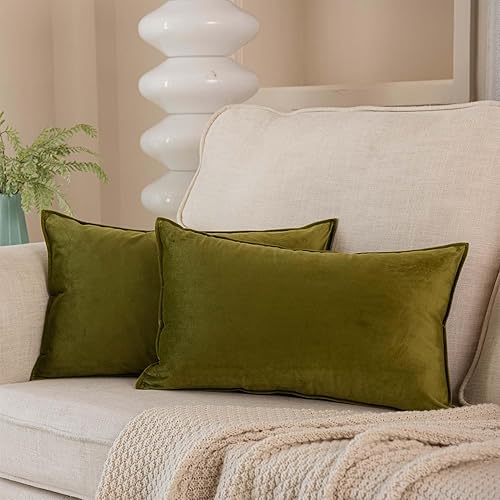 JUSPURBET Juego de 2 fundas de almohada decorativas de terciopelo verde oliva de 16 x 24 pulgadas, funda de cojín suave con cremallera invisible