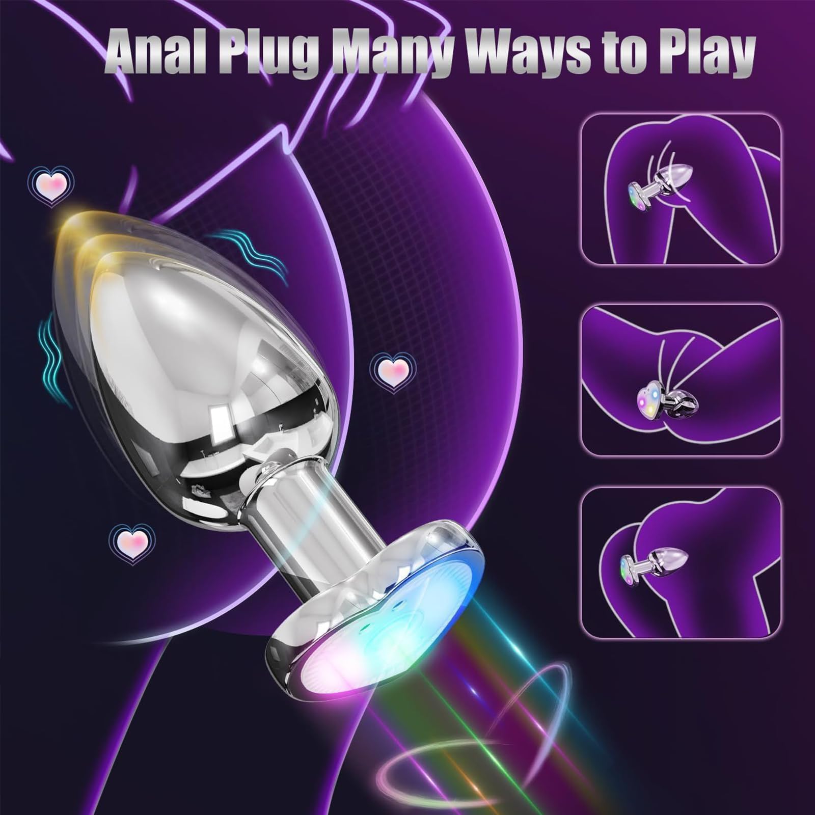 AMAZBEE Plug anale vibrante Vibratore Butt Plug per donne uomini Hearted Light Up Massaggiatore della prostata con telecomando Giocattoli sessuali elettrici in acciaio inox (S)
