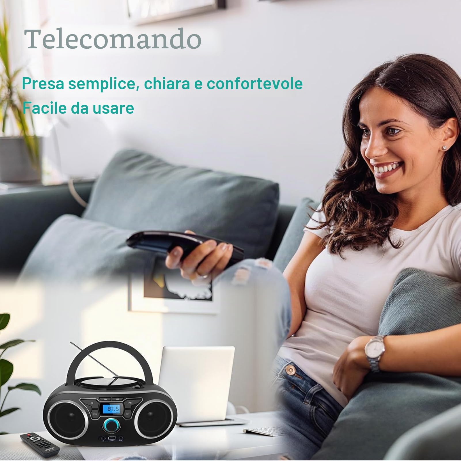 WISCENT Lettore CD Boombox Portatile - Stereo con Radio FM, Ingresso Bluetooth, USB, AUX, Uscita Auricolari, Audio Domestico Compatto, AC o Alimentato a Batteria