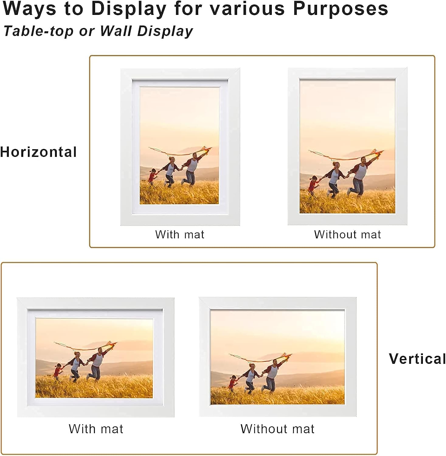 KINLINK 5x7 Picture Frame White Set of 1, Wooden Photo Frame Matted 4x6 with Plexiglass for 4x6 with Mat or 5x7 without Mat for Table and Wall Display - Image 3