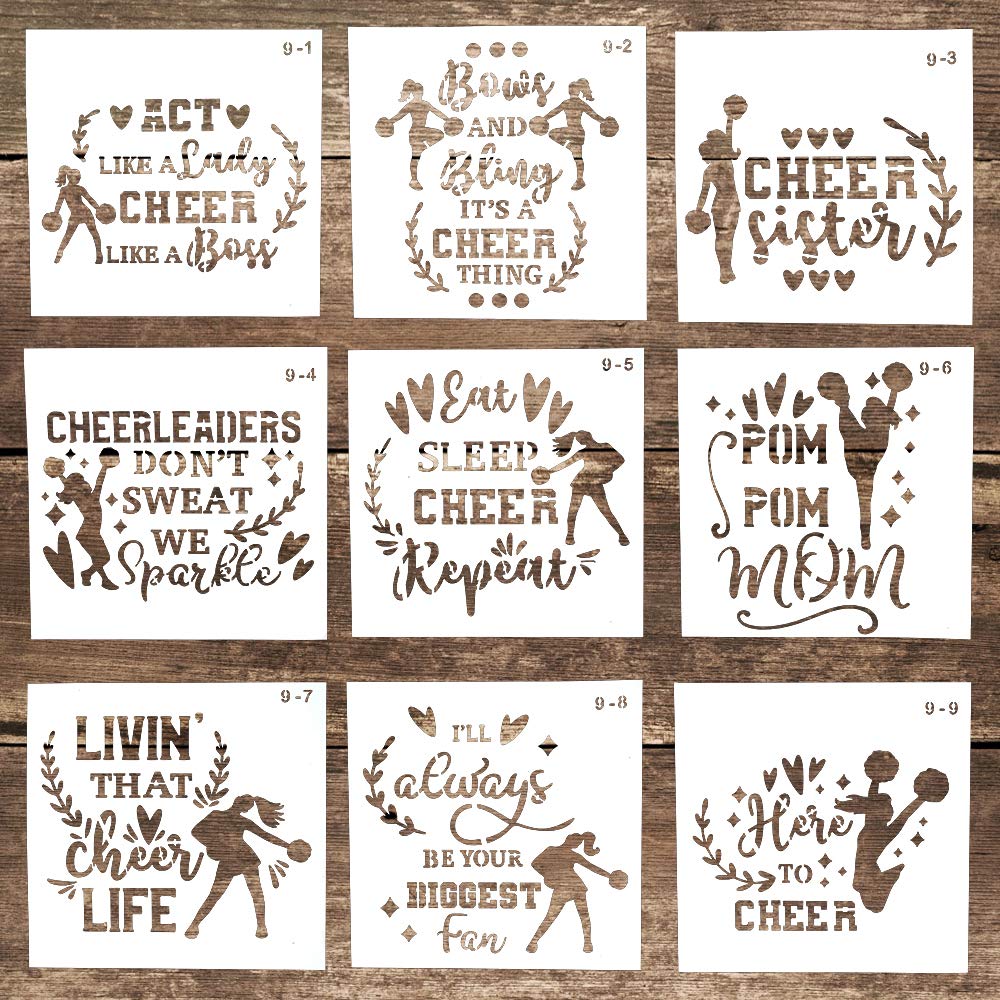 DIY Decorative Reusable Letter Stencil Template for DIY Crafts Scrabooking Painting on Cake, Wood,Canvas,Floor,Wall,Tile (5.9 x 5.9 Inch), Set of 9 (Cheerleader)