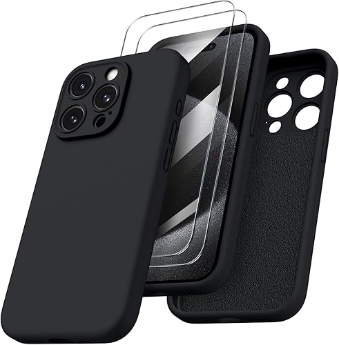 ORNARTO Funda compatible con iPhone 15 Pro con 2 protectores de pantalla, funda de goma de gel de silicona líquida cuerpo completo Funda protectora