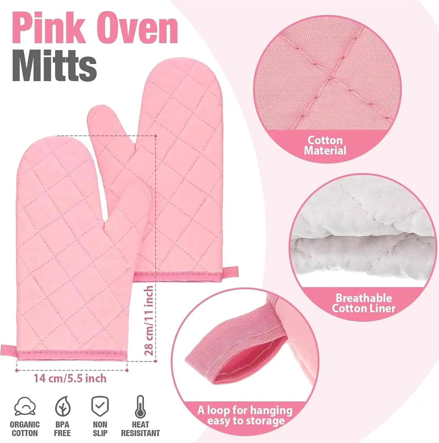 Pink Cotton Plaid Oven Mitts & Pot Holders Set, Heat Kitchen Gloves for Women Gifts