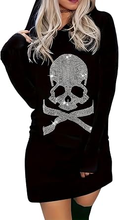 EVELUST Halloween Skull Gothic Sweatshirt Women - Goth Skeleton Vintage Top Pattern Rhinestone Hoodie Black Casual Long Sleeve Y2k Clothes