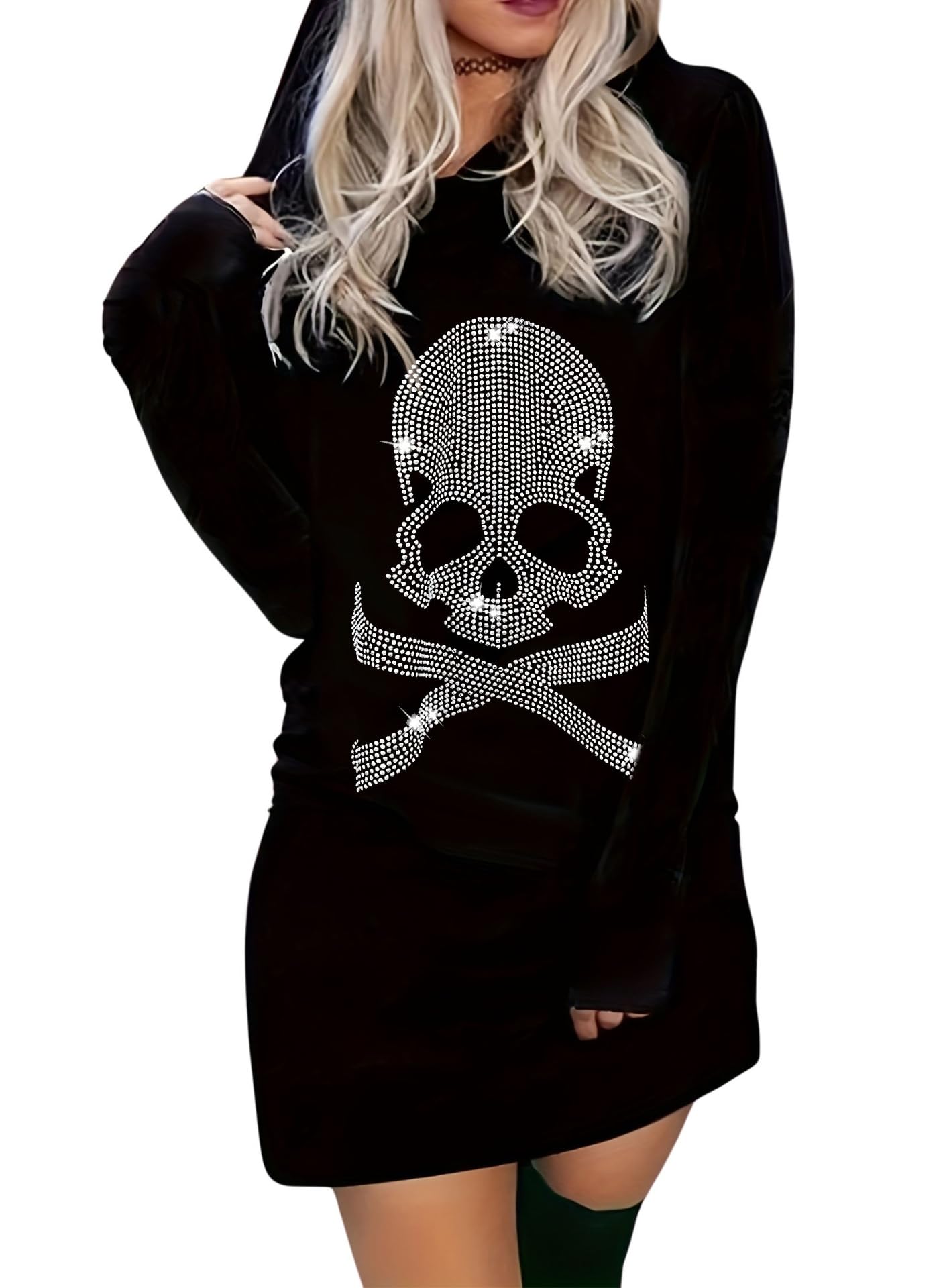 Halloween Kostüm Damen Totenkopf Sweatshirt - Goth Gruselig Skelett Vintage Top Muster Strass Hoodie Langarm Y2k Clothes(Black,L-2,11561w)