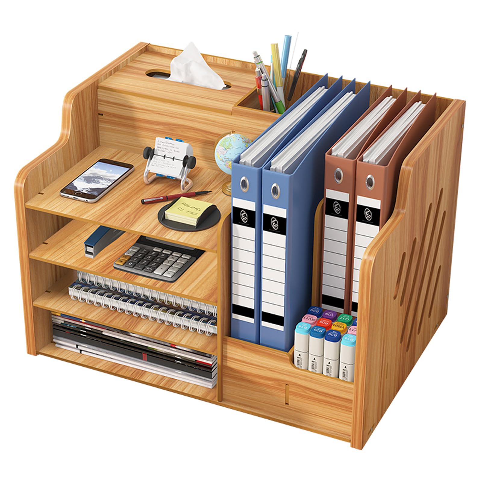 Organizador de escritorio de madera, caja de almacenamiento, 4 reglas gratis, sistema de organización de escritorio, color marrón