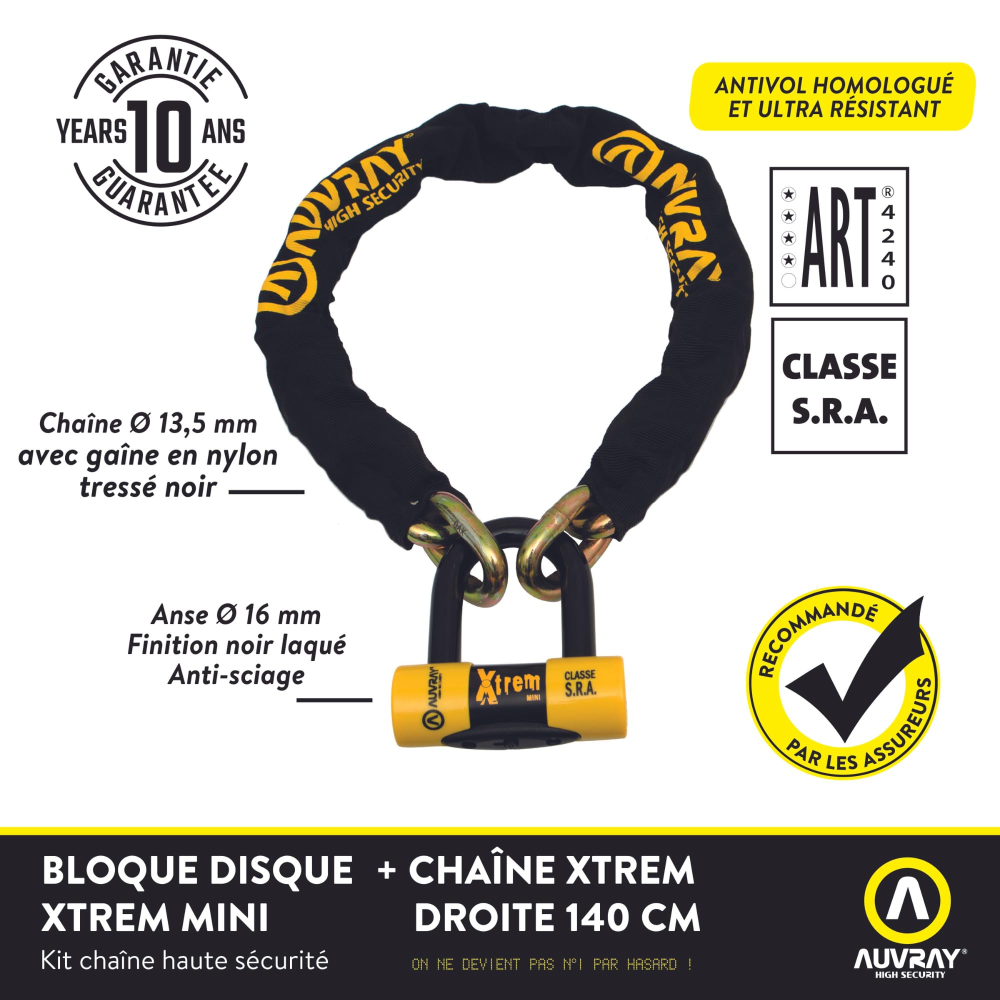 AUVRAY Chaîne et Bloque-Disque Moto U Xtrem DK-10 Homologué SRA – Goupille Acier Trempé 10 mm – Cylindre Haute Sécurité Anti-Crochetage – 3 Clés