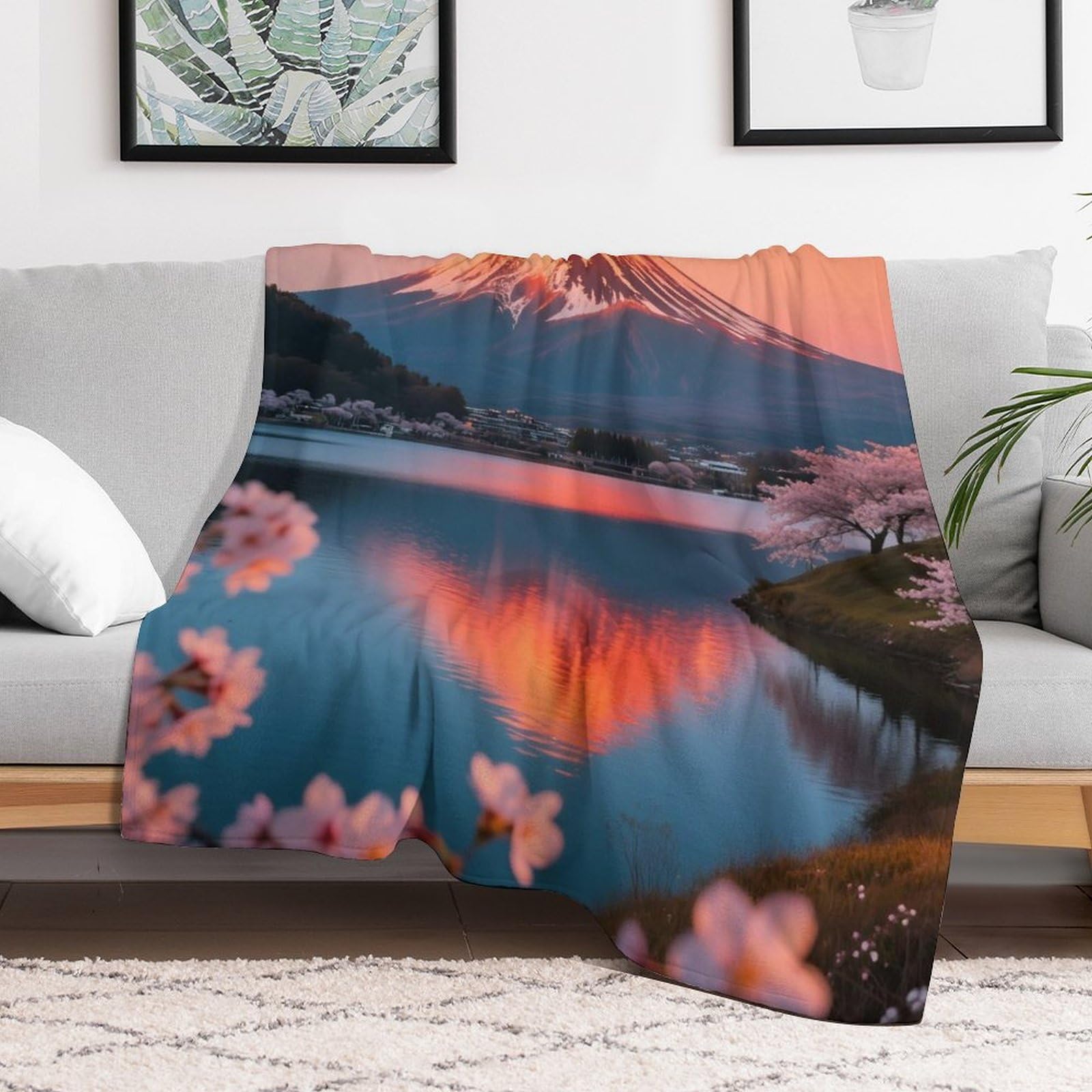 Custom Sunset Fuji Reflection Blanket Lightweight Flannel Fleece Throw for Couch Sofa Bed Luxury Soft Cozy Plush Lap Bedtime Blanket for All Seasons Bedroom Home Decor Gifts 60x80