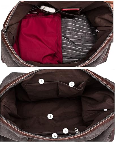 Miniatura 8 de IBLUE Bolsa de viaje de lona de gran tamaño con ribete de cuero, bolso de fin de semana para fin de semana, bolso de mano para la noche, bolsa