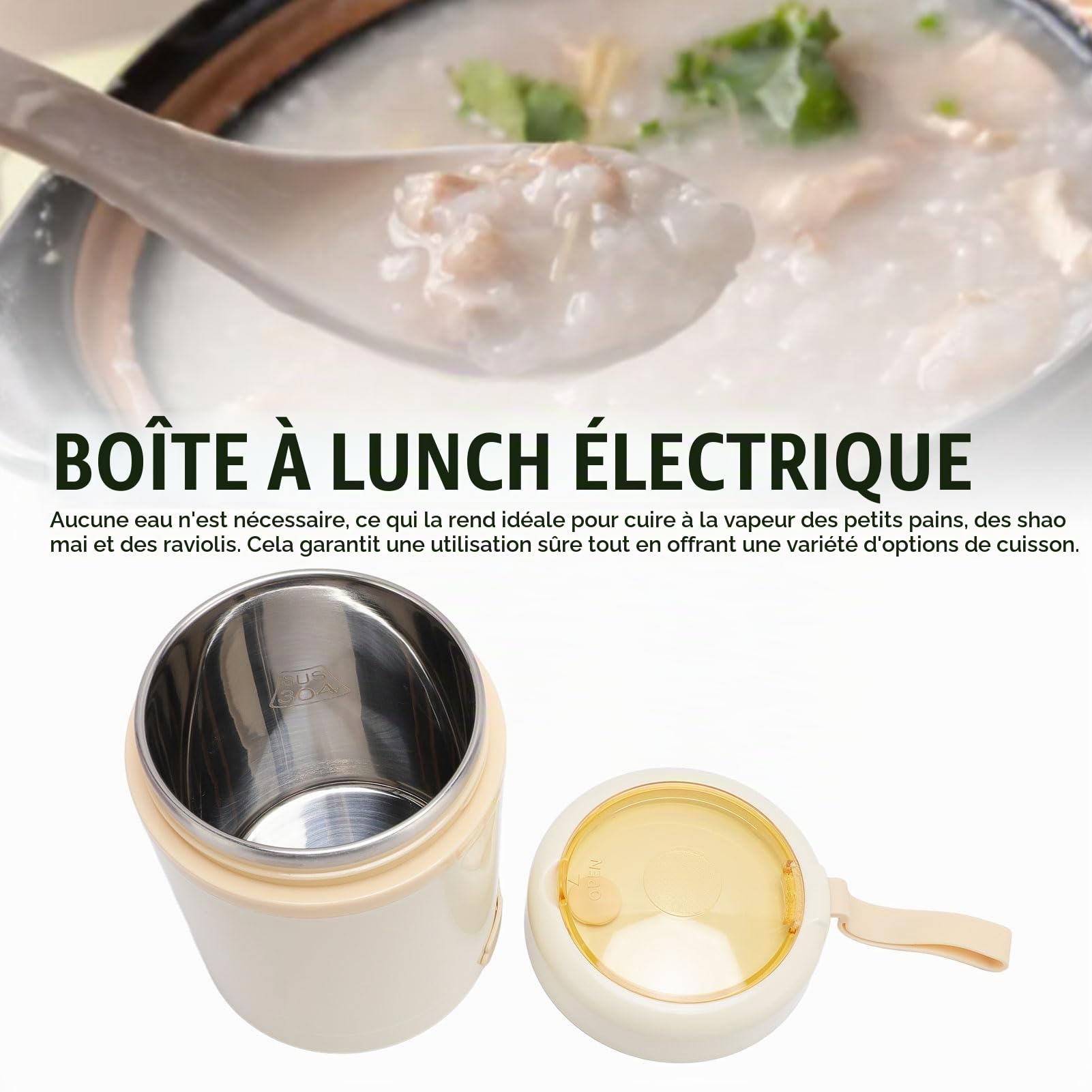 Réchauffeur de Nourriture électrique de Boîte à Déjeuner D'usb, Pot de Nourriture isolé de 600 Ml étanche de L'acier Inoxydable 304 60 ℃ à Température Constante avec la Cuillère (Beige)