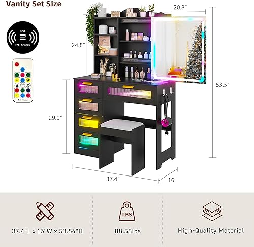 Miniatura 6 de Vanity Desk with Mirror and Lights, RGB LED Makeup Vanity Desk with Charging Station, Vanity Table with Stools＆Sliding Mirror, Women's Vanity Set