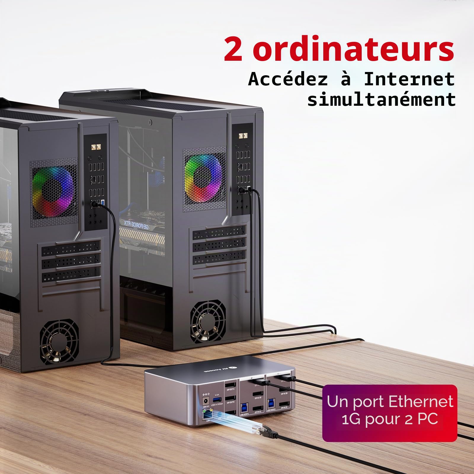AV Access Commutateur KVM 3 Moniteurs 2 Ordinateurs 8K@60Hz, avec 6 câbles DP, DisplayPort 2.0, Ethernet 1G, USB 3.0, Station d'accueil 3 Moniteur, 4K@165/144Hz, 2K@144Hz (Desktop Only)