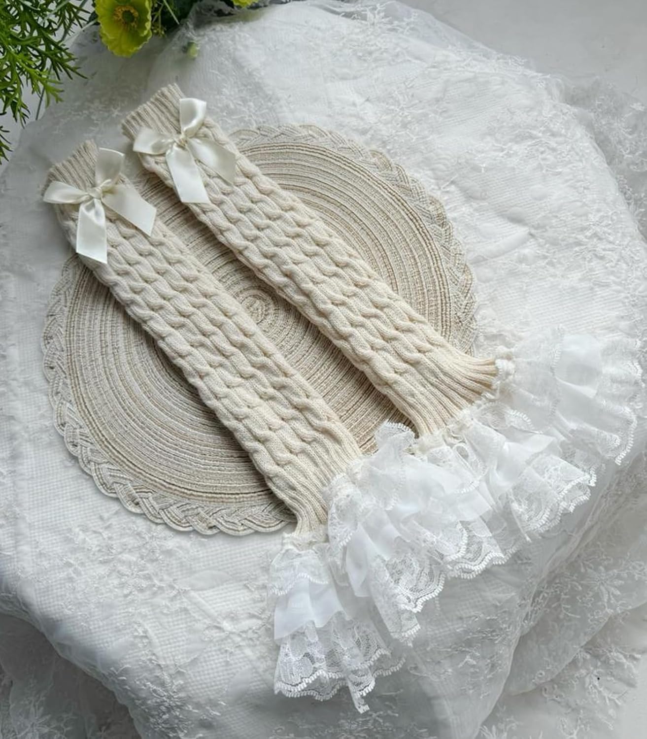 Leoparts Women's Knit Leg Warmers Y2K Bow Lace Trim Knee High Leg Sleeve Socks for Lolita Costume Party Accessory - Image 4