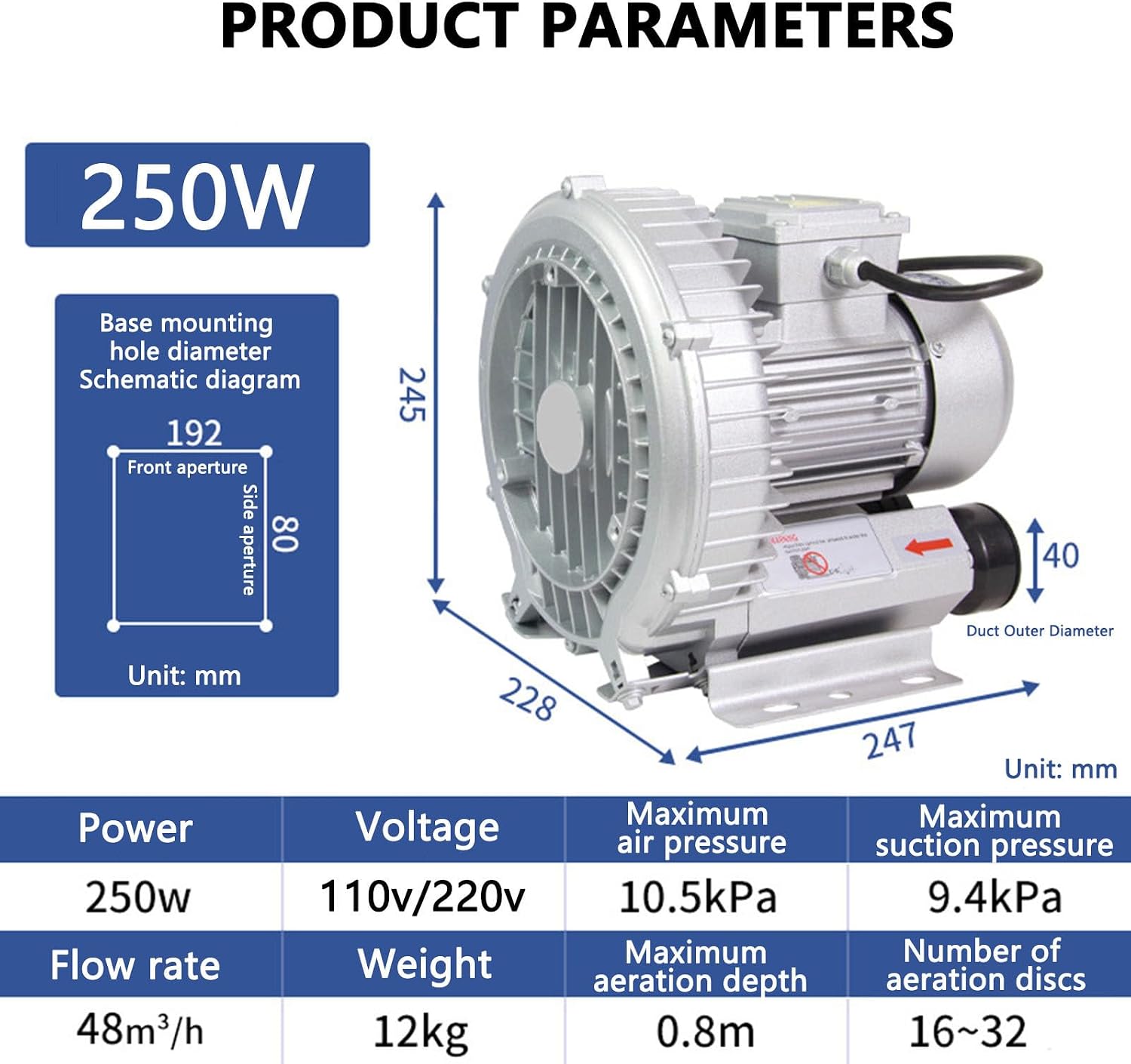 0.34HP Regenerative Blower, 250W Single Phase, 50Hz, High-Efficiency Air Blowing & Suction, Ideal for Industrial Use, 180W to 1500W Models Available