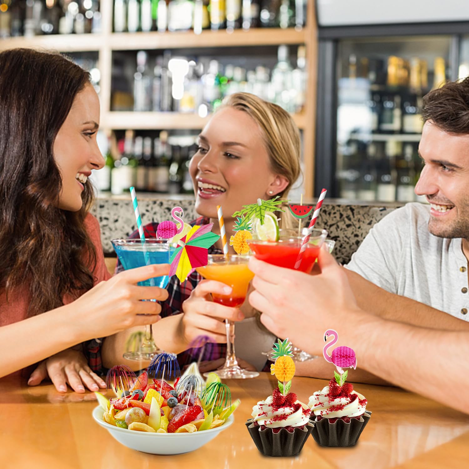 150 Décorations Tropicales Hawaïennes Pour Cocktails & Gâteaux – Picks Flamant Rose, Ananas, Cactus, Pastèque & Pailles Festives