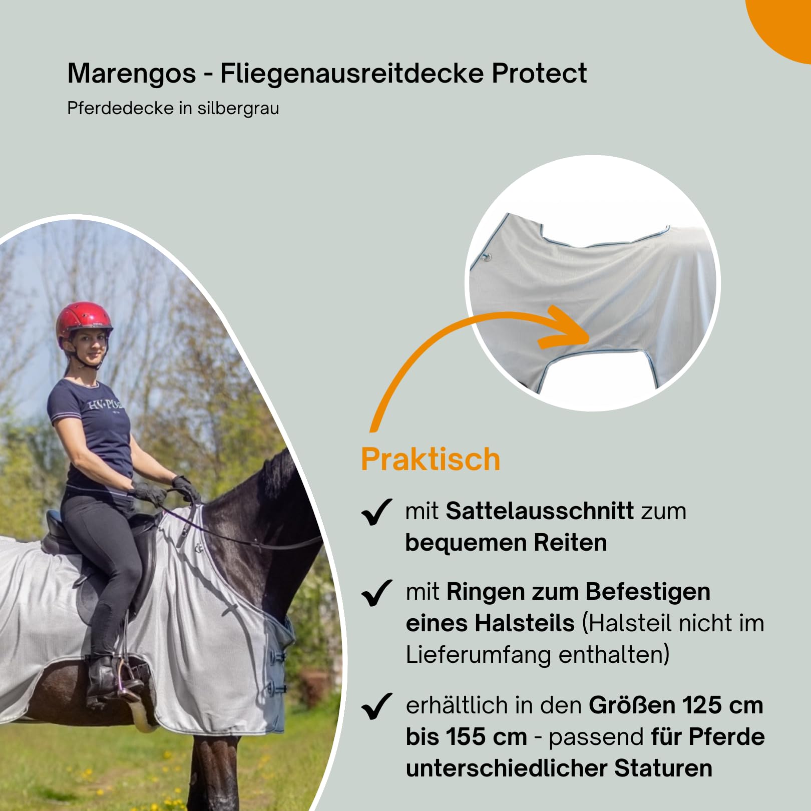 Marengos - Fliegenausreitdecke Protect | Pferdedecke mit Sattelausschnitt | feinmaschige Fliegendecke schützt vor Insekten | mit abnehmbarem Schweiflatz | Outdoor-Pferdedecke in Silbergrau | 145 cm