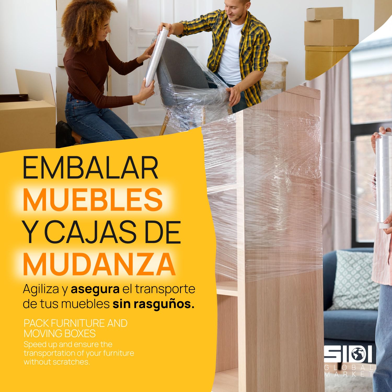 Film Blanco para Embalar, Film, Papel Film, Rollo de Plastico Protector Muebles, Cajas Mudanza, Plastico Cubretodo 50 x 110 m estirables - SIDI (1 und, Blanco)