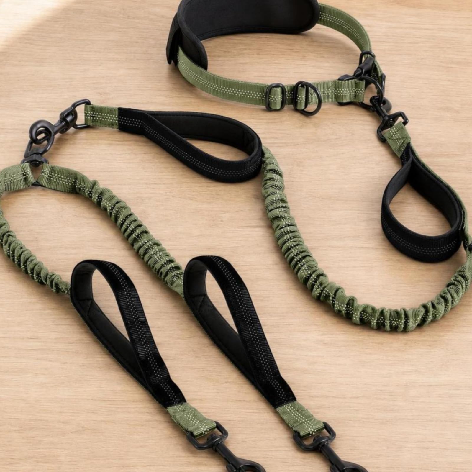 Guinzaglio a Doppia Testa Guinzaglio Cintura d Guinzaglio Elastico con Bungee Guinzaglio per Cani con Cintura in Vita con Maniglie per Controllo, Verde Militare