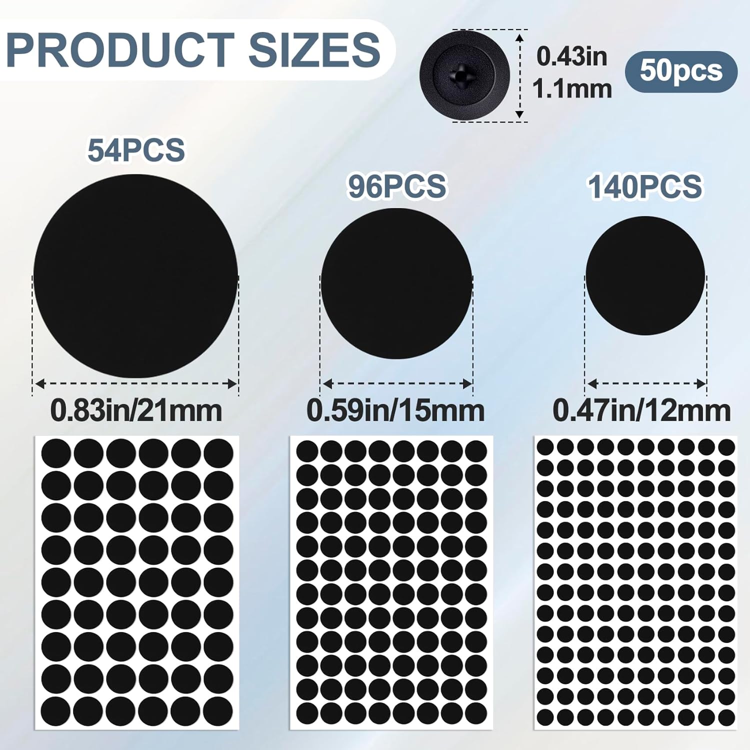 290pcs PVC Black Screw Hole Covers, Self-Adhesive, 3 Sizes: 21mm, 15mm, 12mm, Dustproof, Furniture Screw Cover Caps