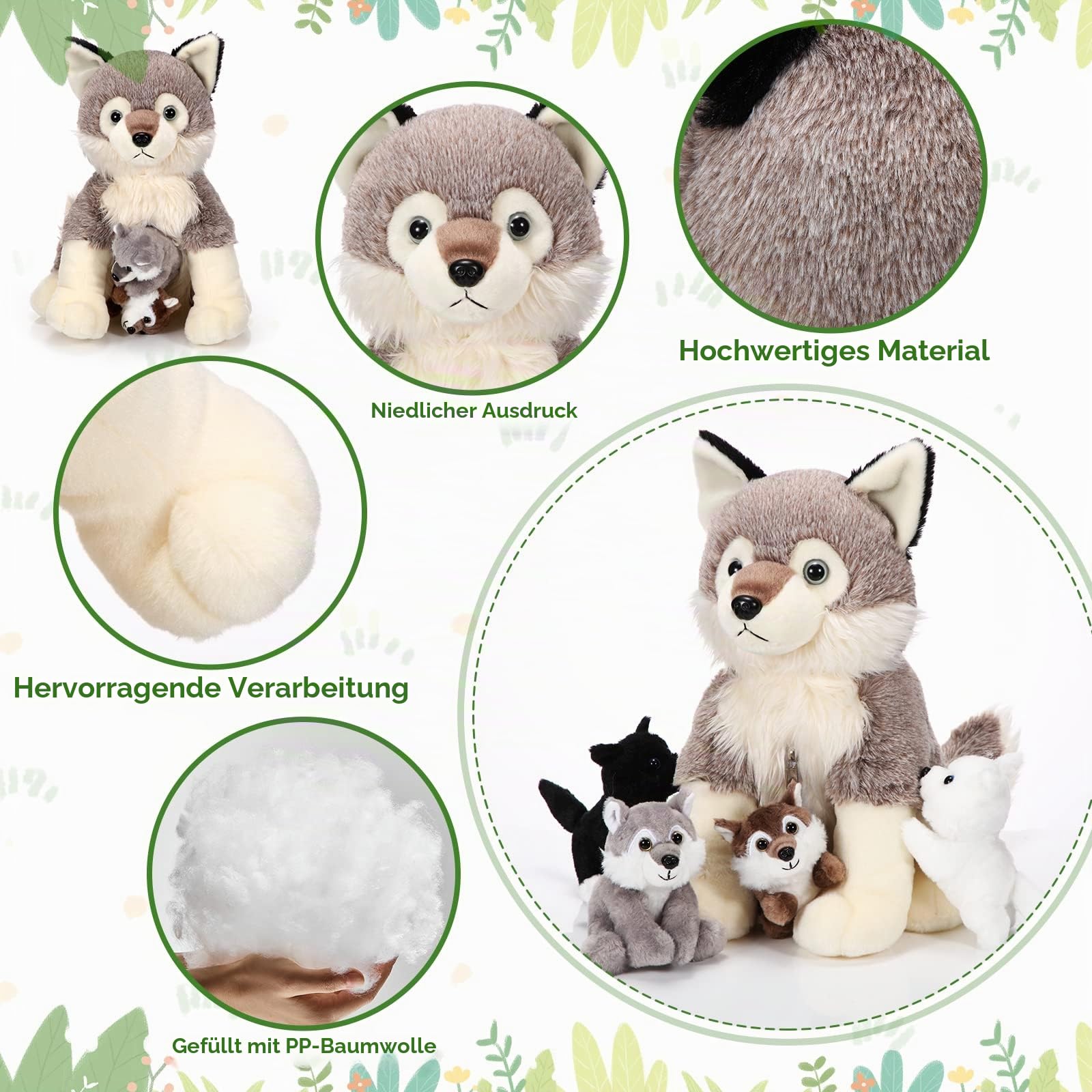Honoson 5 Stück Wolf Kuscheltiere Set 35 cm Mama Wolf Plüschtier mit 4 Süßen Baby Wölfen Stofftieren in Ihrem Bauch mit Reißverschluss für Jungen Mädchen Geburtstag Party Geschenke (Süß)