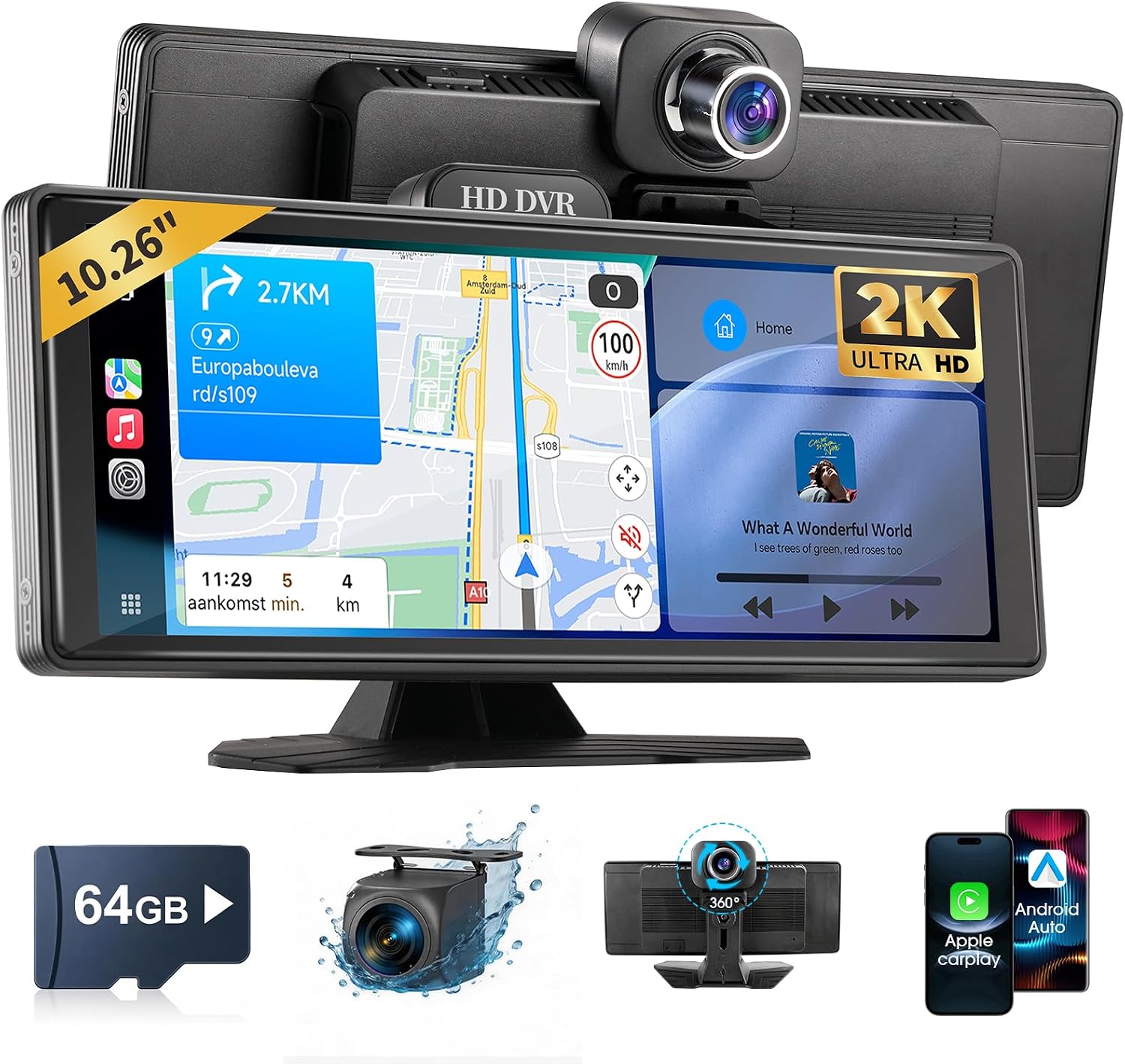 Haudio 10.26 Inch Carplay Screen for Universal Car Portable Car Radio with Wireless Apple Carplay & Android Car 2K DVR & 1080P Rear Camera Voice Control GPS AUX/FM with 64G TF Card