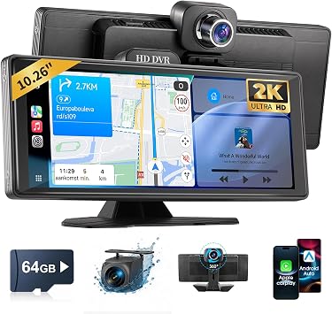 Clearance Haudio 10.26" Car Play Screen for Wireless Apple Carplay & Android Auto, Portable Car Stereo with 2K DVR & 1080P Rear Camera,Bluetooth,Voice Control,AUX/FM Radio w/64G TFCard for All Cars