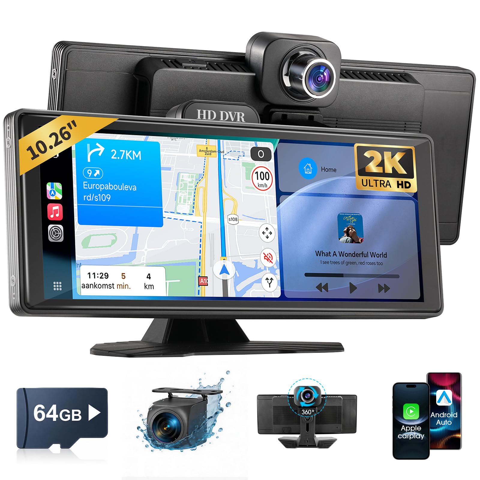 Haudio Pantalla Carplay 10.26 Pulgadas para Coche, Estéreo Portátil para Coche con Apple Carplay Inalámbrico y Android Auto, 2K DVR y Cámara Trasera 1080P, Control Voz, GPS, AUX/FM con 64G TF Tarjeta