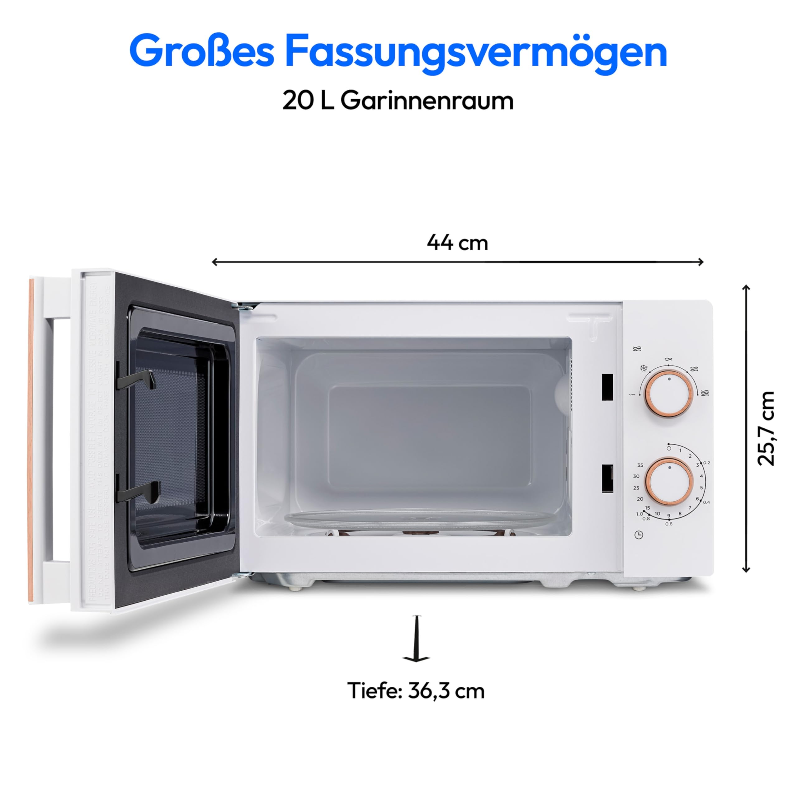 MEDION Mikrowelle klein (Holzoptik, Freistehend, 20 Liter, 700 Watt, Verspiegelte Tür, 5 Leistungsstufen, Auftaufunktion, Zeitschaltuhr, MD10596) weiß