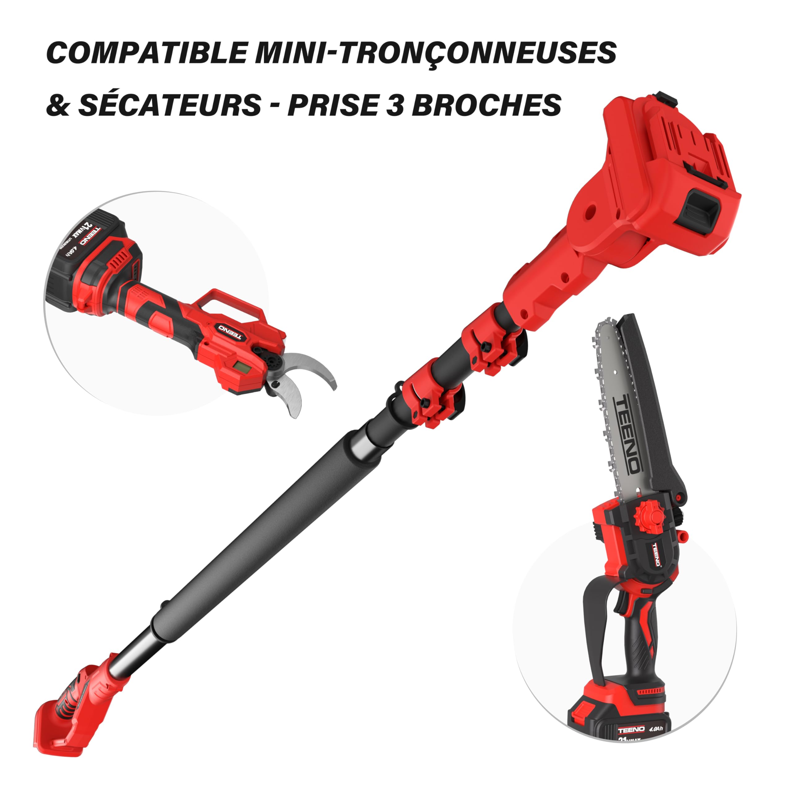 Perche télescopique d'élagage TEENO, longueur de 1,6 m à 2,8 m, équipée d'une interface le Makita Compatible avec les mini-tronçonneuses électriques et les sécateurs, avec une fiche à trois broches