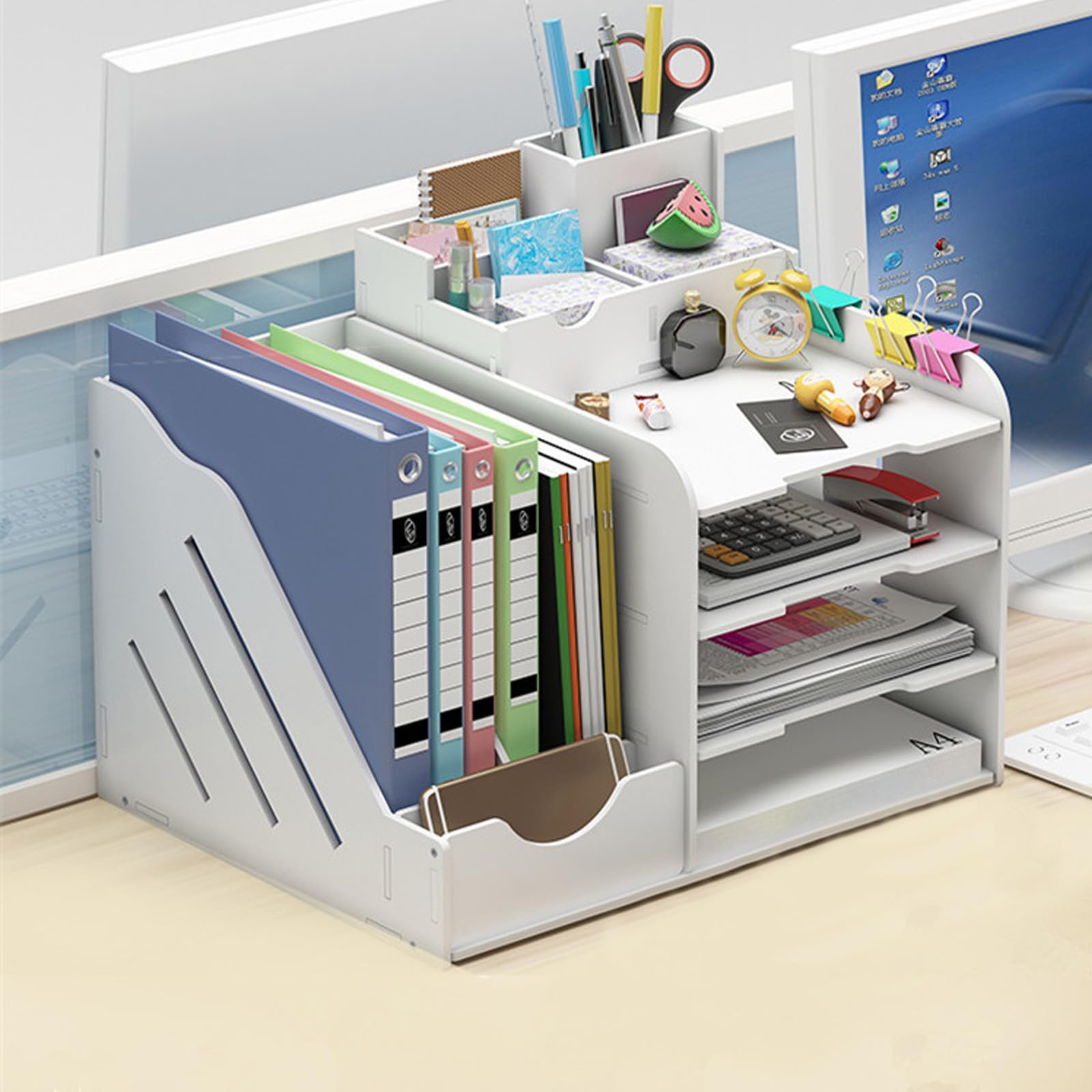 Organisateur de Bureau Blanc Multifonction, Bureau Organisateur pour Papiers A4, Stylos, Livres, Lettres, Rangement de Documents & Fournitures de Bureau, Design Modulable pour Bureau & Étude