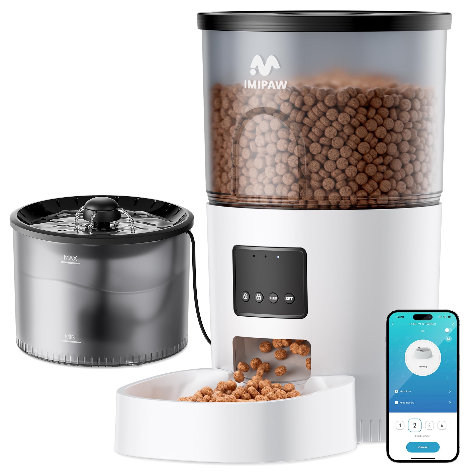 IMIPAW 5G WiFi Automatic Cat Feeder and Water Dispenser, Timed Dry Food Dispenser APP Remote Control, Programmable Portions, with Desiccant, Cat