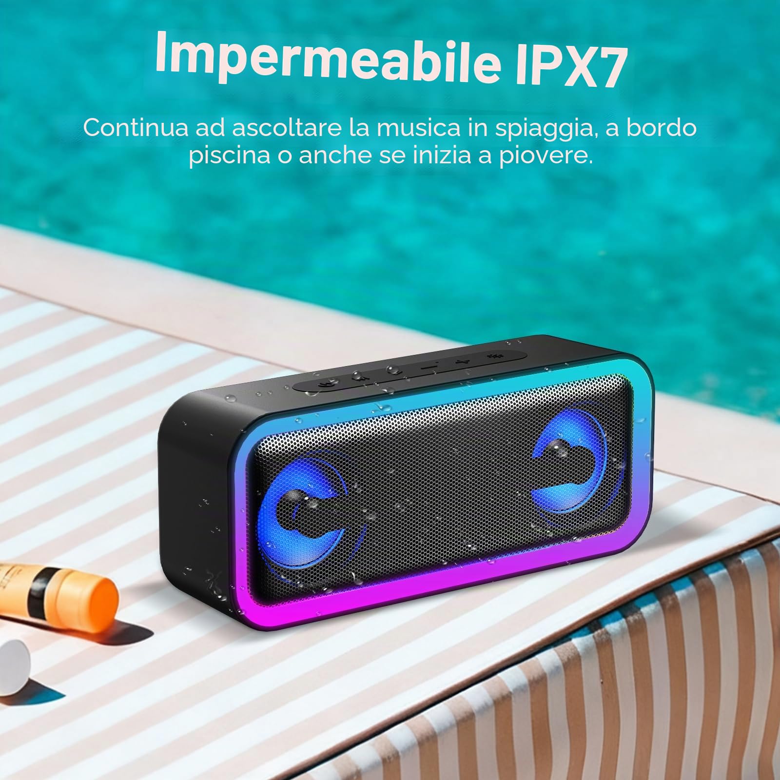 IKT Cassa Bluetooth Potente Portatile con Luci, Speaker Bluetooth 5.4, 30W Basso Potenziato, IPX7 Impermeabile, 7 Luci RGB, 30 Ore Autonomia, Altoparlante Bluetooth per Party, TWS AUX TF-Card