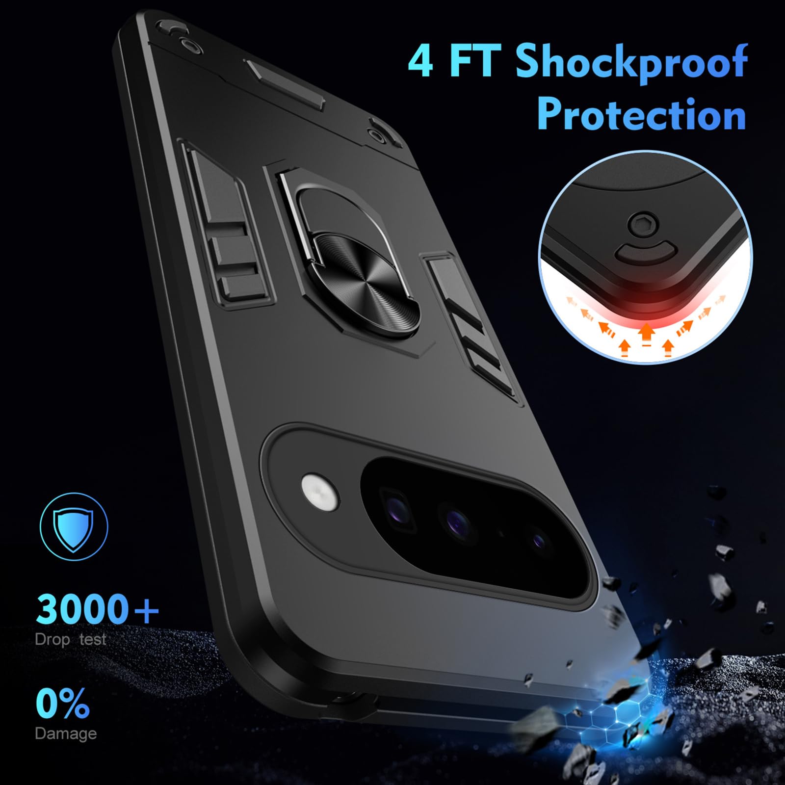 Dünne Hülle für Google Pixel 11 Pro/11 Pro XL/11, Stoßfest rutschfeste Schutzhülle mit Magnetisch Metall Ring Ständer Handyhülle,Schwarz,11 Pro