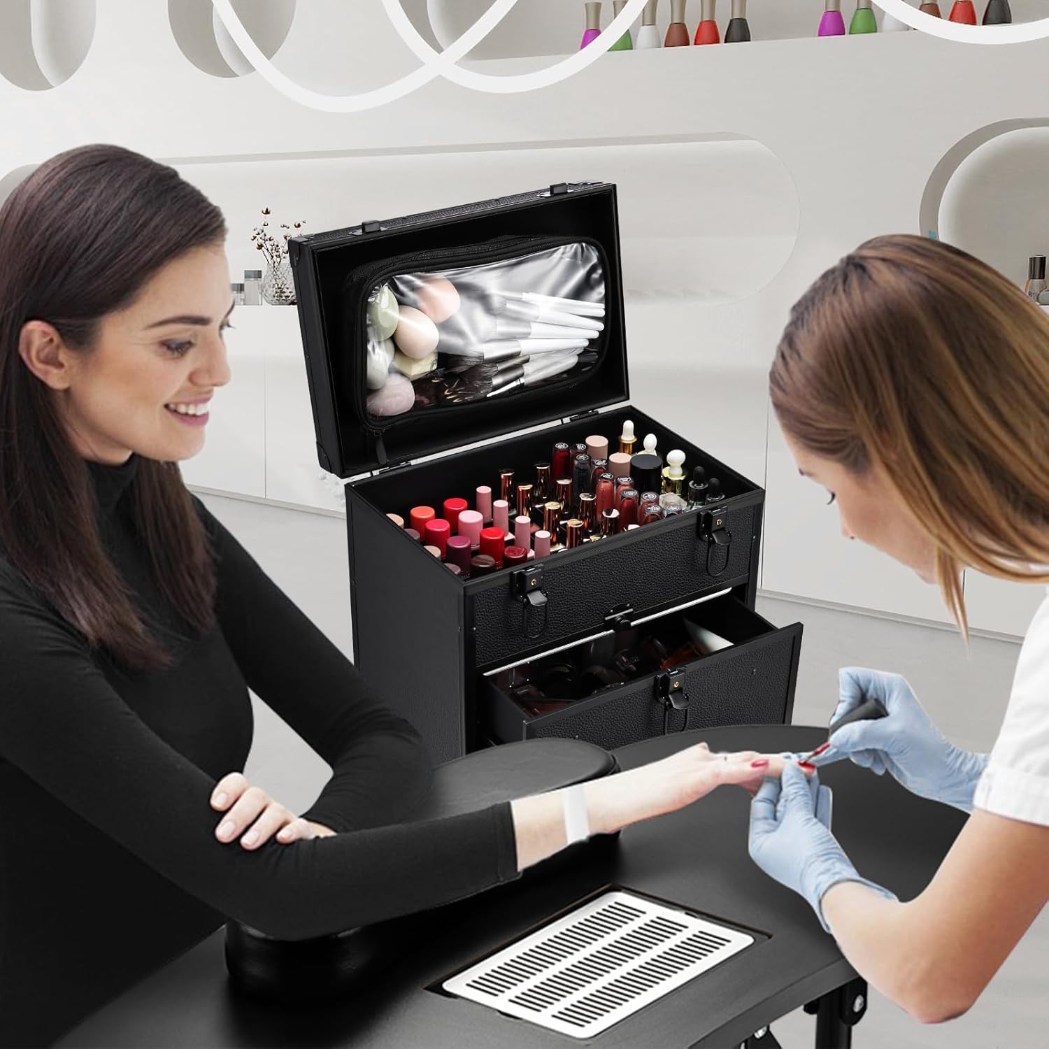 Rolling Makeup Train Case With 2 Extra Large Drawers, Nail Organizer, Foldable Table With Electric Dust Collector, Manicure Desk for Mobile Stylists, Artist Salon Cart Trunk - Black