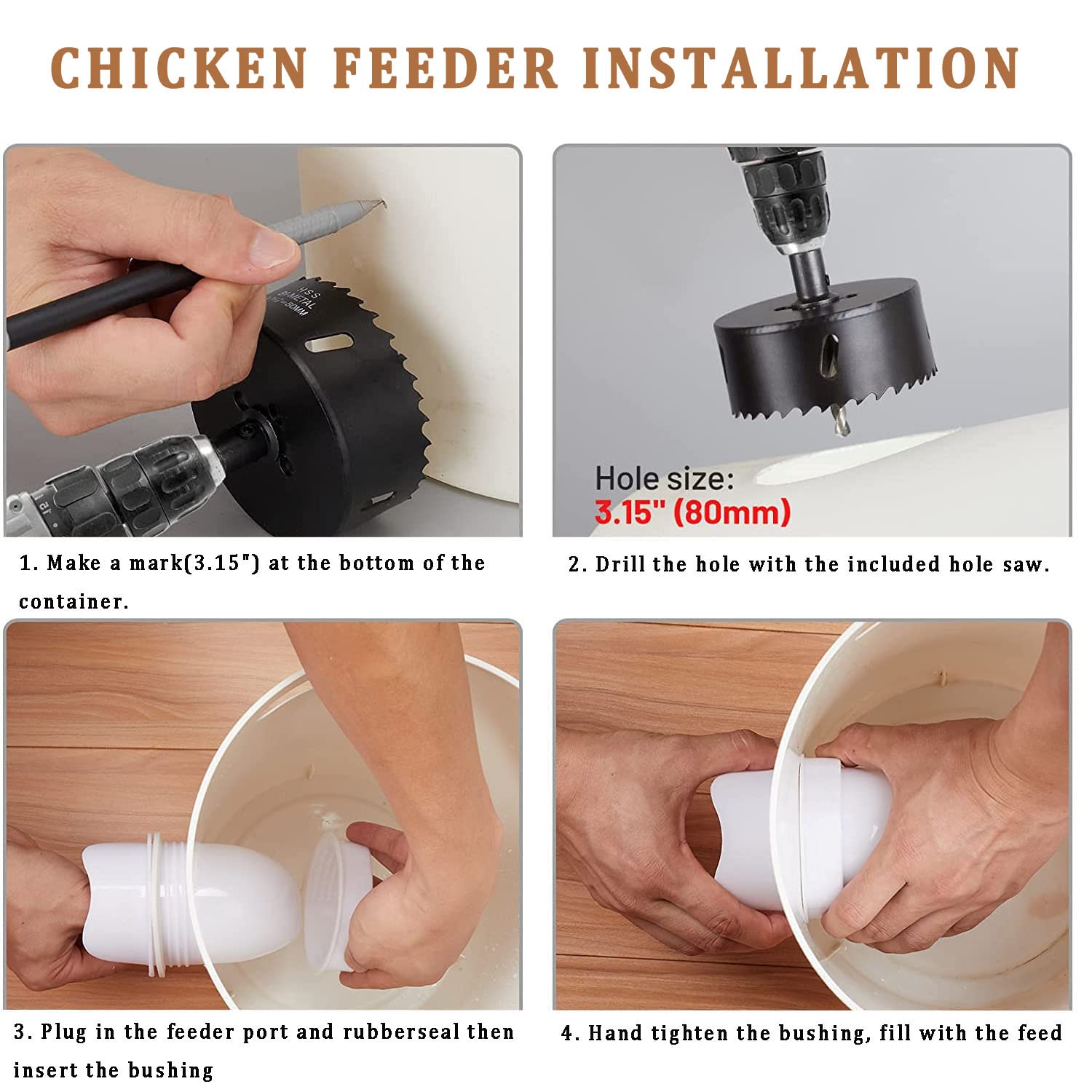 Chicken Feeder Waterproof and Chicken Waterer Cup, 6pcs No Waste Chicken Feeder for Buckets,Barrels,Bins, and 6pcs Chicken Water Cups for Chickens, Birds, Turkeys etc - image 6
