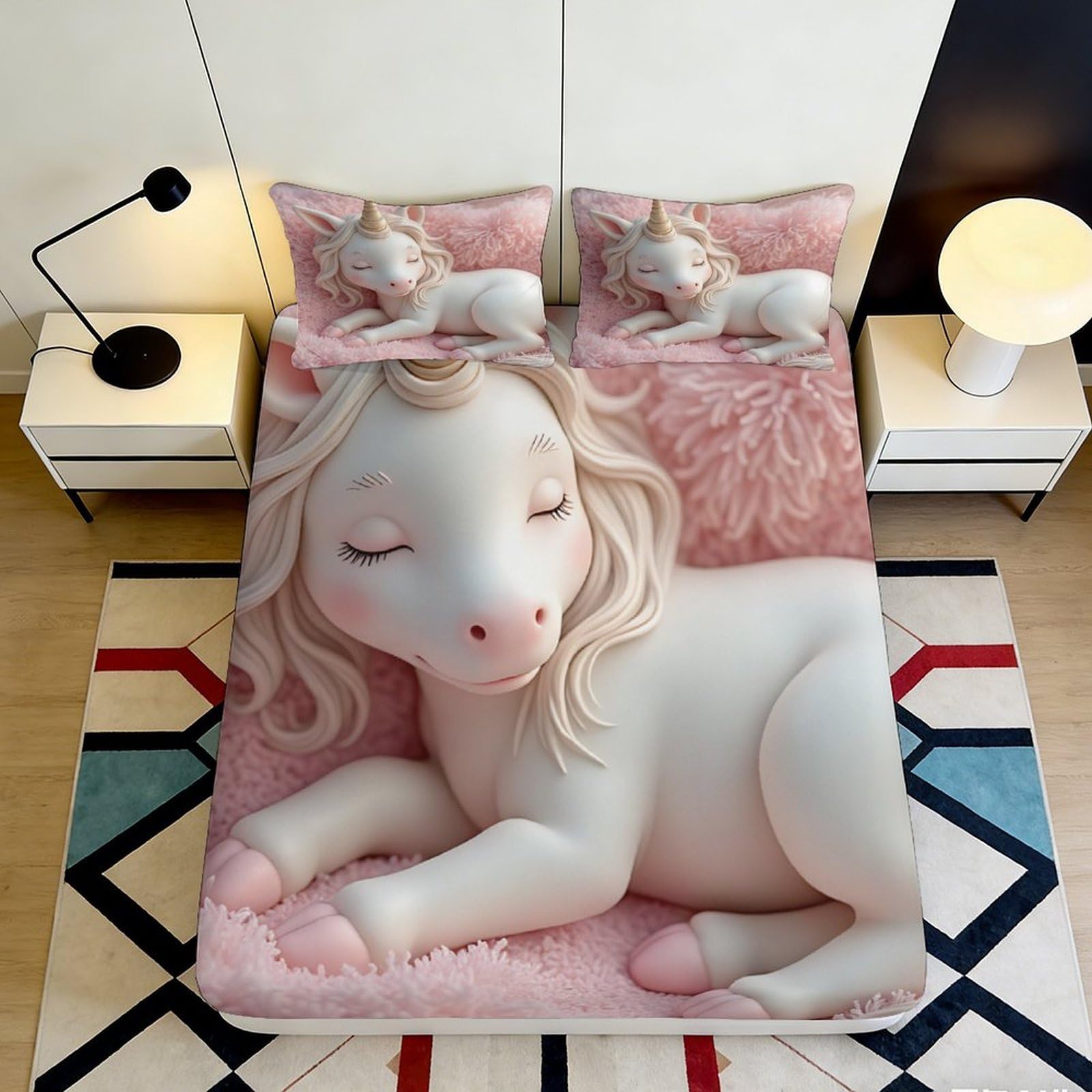 3D Printed Sleeping Unicorn Fitted Sheet Microfiber Soft Pink Fantasy Bed Cover for Bedroom Guest Room Mattress Protection Decor 160x200x25cm