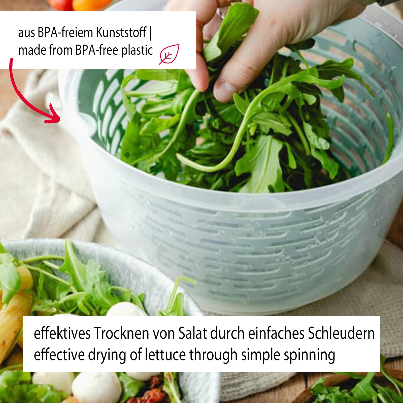 Westmark Spinderella - Centrifuga per insalata da 4,4 l e tazza per agitazione, 0,25 l, centrifuga antiscivolo con manopola girevole e beccuccio, shaker con coperchio a vite e rondella, verde menta