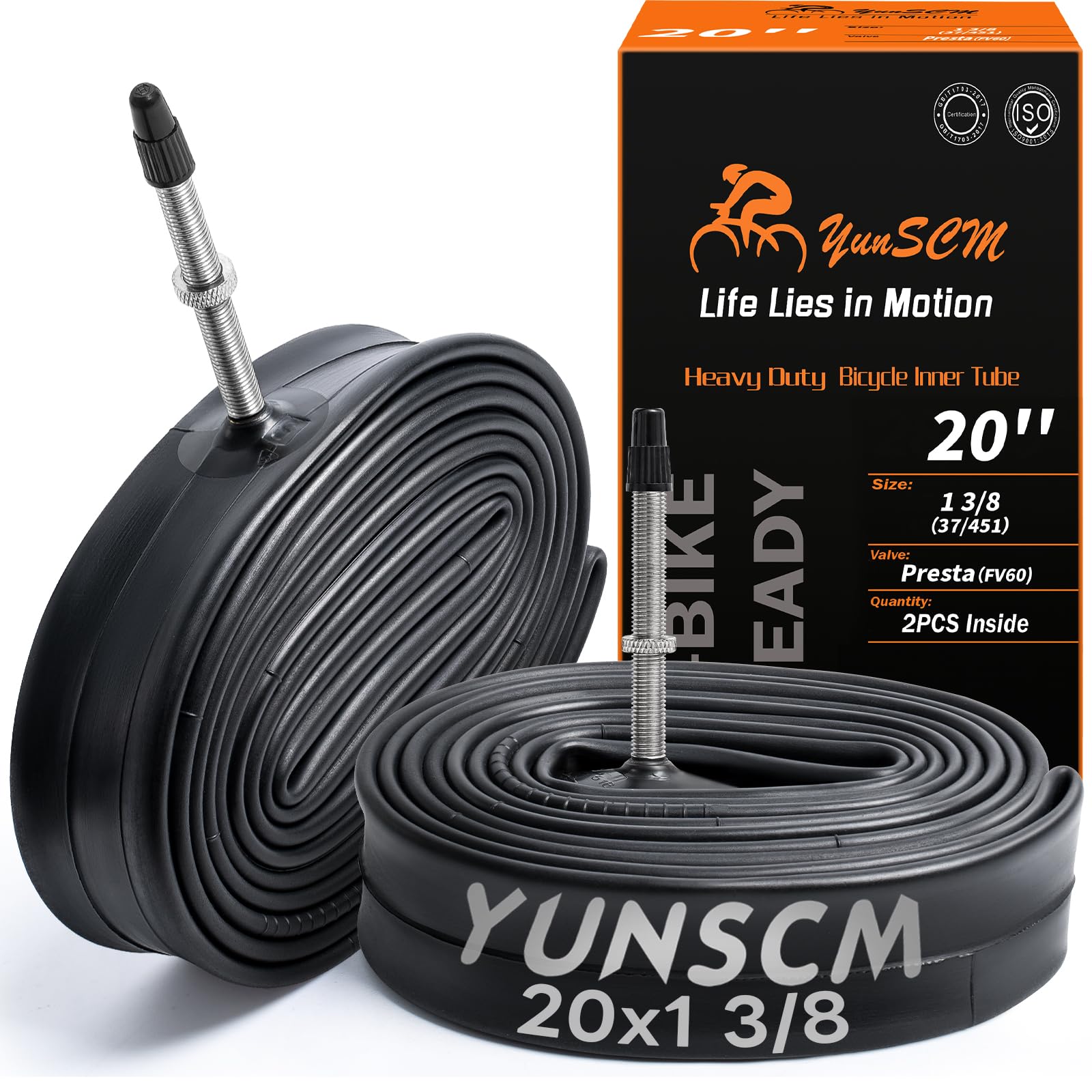 YunSCM 2PCS 20 Inch Heavy Duty Bike Tubes 20x1 3/8 (36-451) FV60mm Presta Valve Premium Butyl Rubber Inner Tubes Replacement for 20 x 1 3/8 20x1 3-8 Bike Bicyle Tyre Tubes