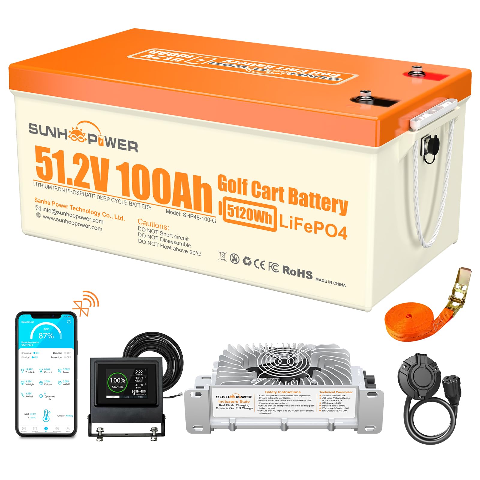 48V(51.2V) 100Ah Lithium Golf Cart Battery, Bluetooth LiFePO4 Batteries with 200A BMS, Max.Power 10.24KW, Monitor, 20A Fast Charger and Retention
