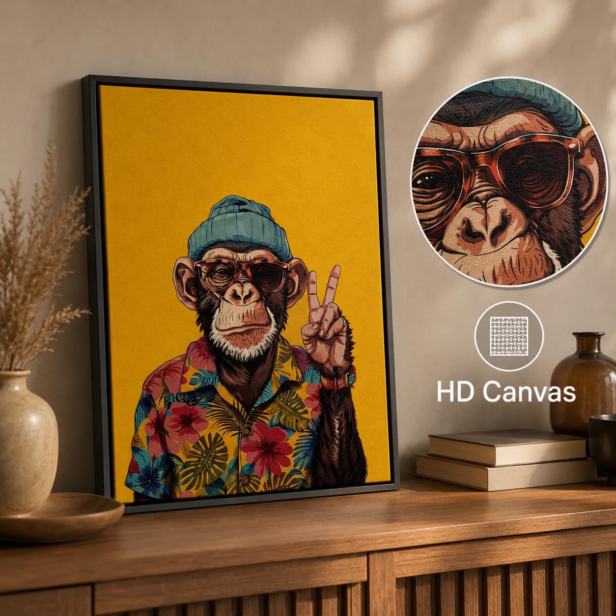 Framed Monkey Canvas Wall Art, Chimpanzee with Sunglasses Painting Picture Wall Decor, Yellow Background Animal Poster Print Artwork for Bedroom Living Room Office Home Decoration 8x10in image 4