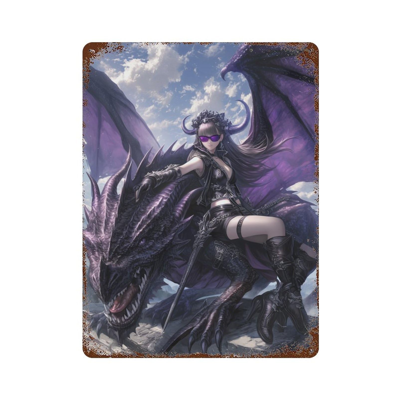 Dragon Rider Fantasy Artwork 15.7"x11.8" Rusty Metal Tin Sign, Shabby Chic Decor for Bistro, Counter And Cafe Decor