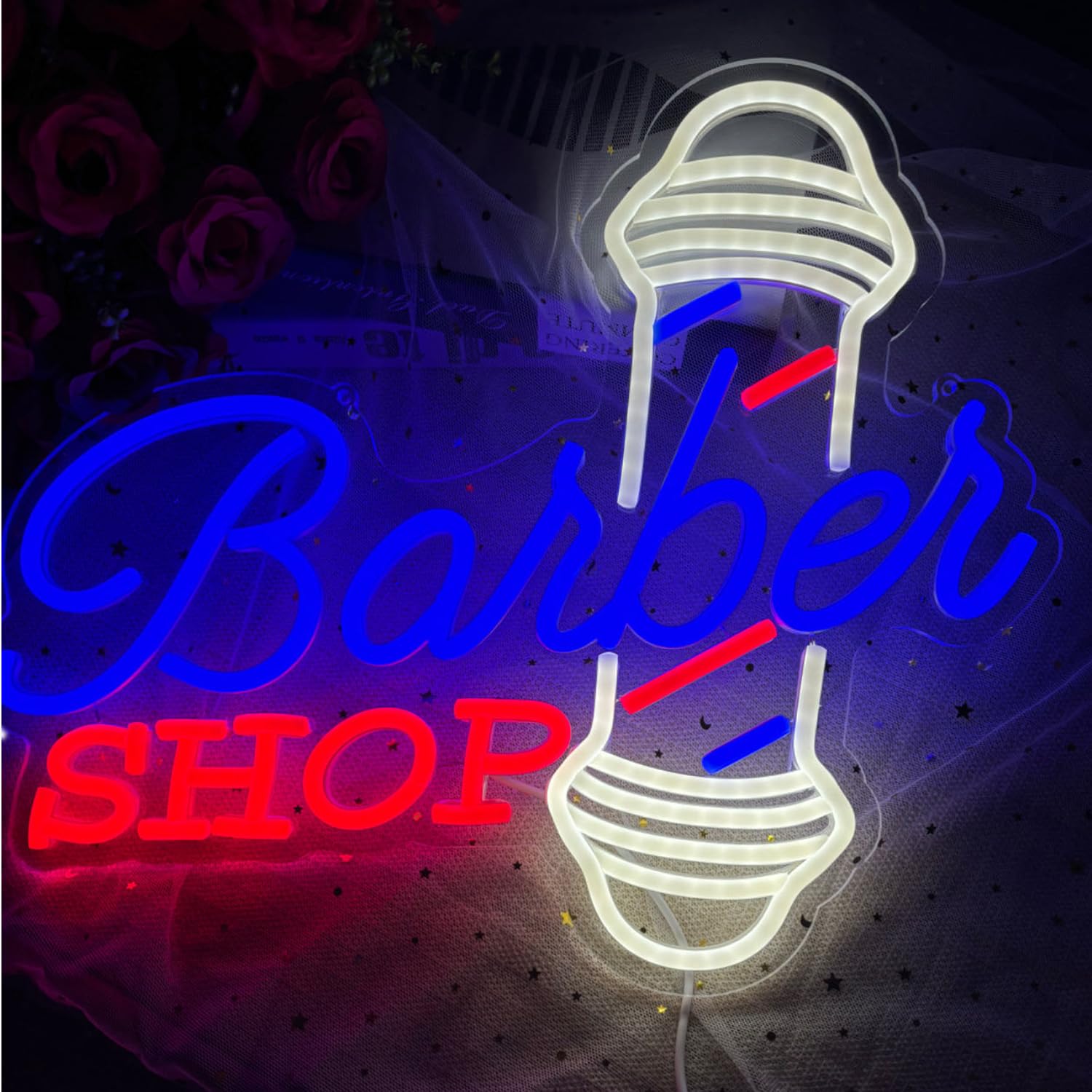 Insegna al neon a LED dimmerabile per barbiere e parrucchieri, decorazione da parete e finestra, materiale acrilico riutilizzabile, 40 x 34,5