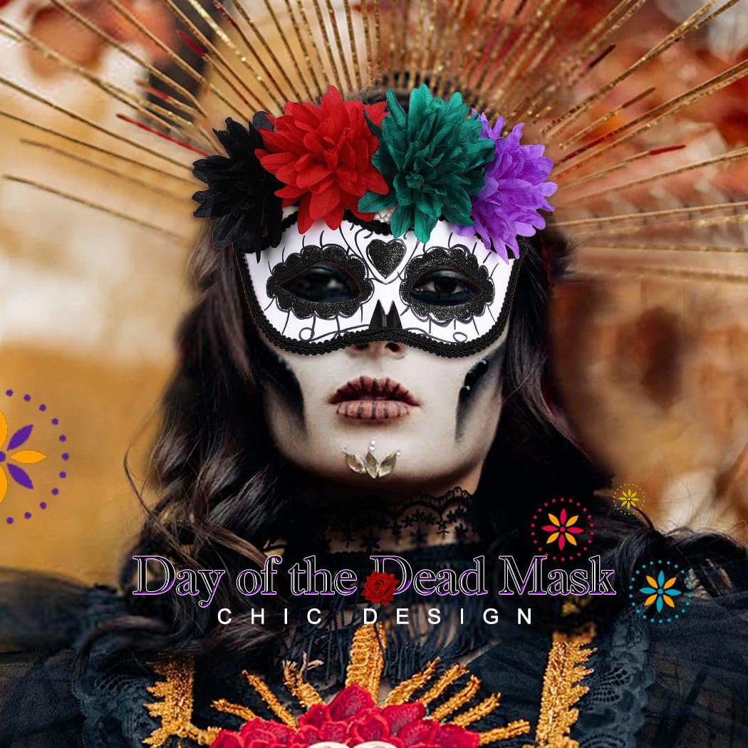 Nicute Masquerade Mask Mexican Day of the Dead Mask for Women Men Sugar Skull Flower Eyemask Fancy Carnival Party Masque