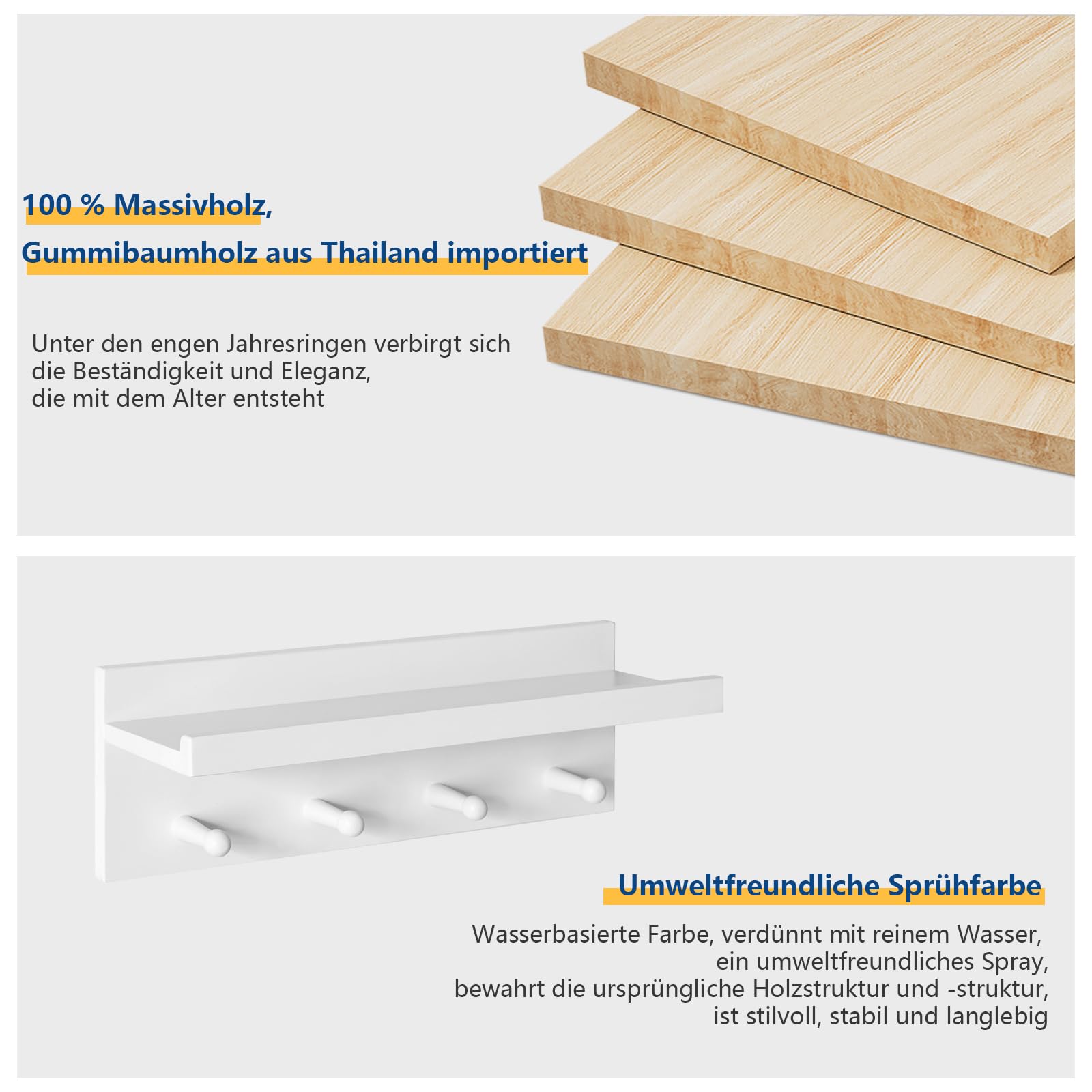 Aibiju Wandgarderobe mit Ablage, Kleiderhaken aus Holz mit Wandregal, 40 cm Wandregal, Schlüsselhalter für den Eingangsbereich, für Badezimmer, Küche, Kleiderhaken, Weiß YD-WS0240W