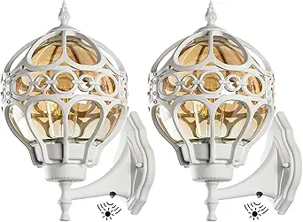 Dusk to Dawn Globe Outdoor Wall Lights, White Porch Light, Aluminum Waterproof Exterior Lighting Fixtures Wall Mount, Sphere Outside House Sconces Lantern with Amber Glass for Patio Garage, 2 Pack