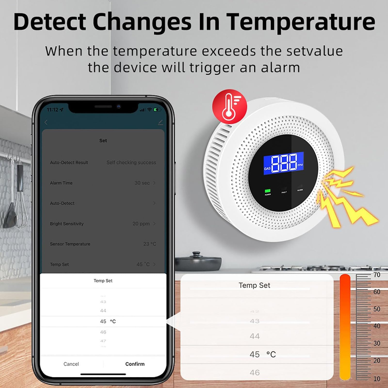 Detektor gazu ziemnego WiFi, wykrywacz wycieku gazu z wyświetlaczem LCD, automatyczne wykrywanie błędów, alarm dźwiękowy 90 DB, alarm aplikacji, funkcja offline, do domu