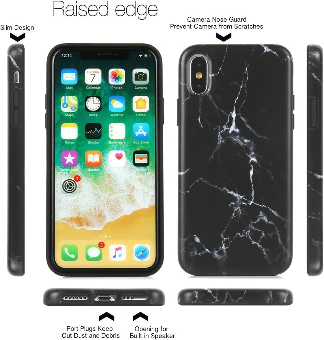 TRENSOM Black Marble iPhone X Case iPhone Xs Marble Case, IMD Hybrid Hard TPU Shockproof Phone Cases for Women Girls Men Boys [5.8"]