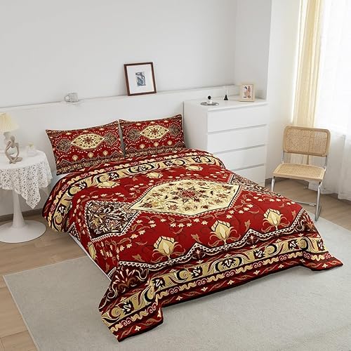 Miniatura 2 de Erosebridal Juego de edredón de flores exóticas, tamaño Queen, juego de ropa de cama floral rojo amarillo bohemio, retro, abstracto, hojas marrones,