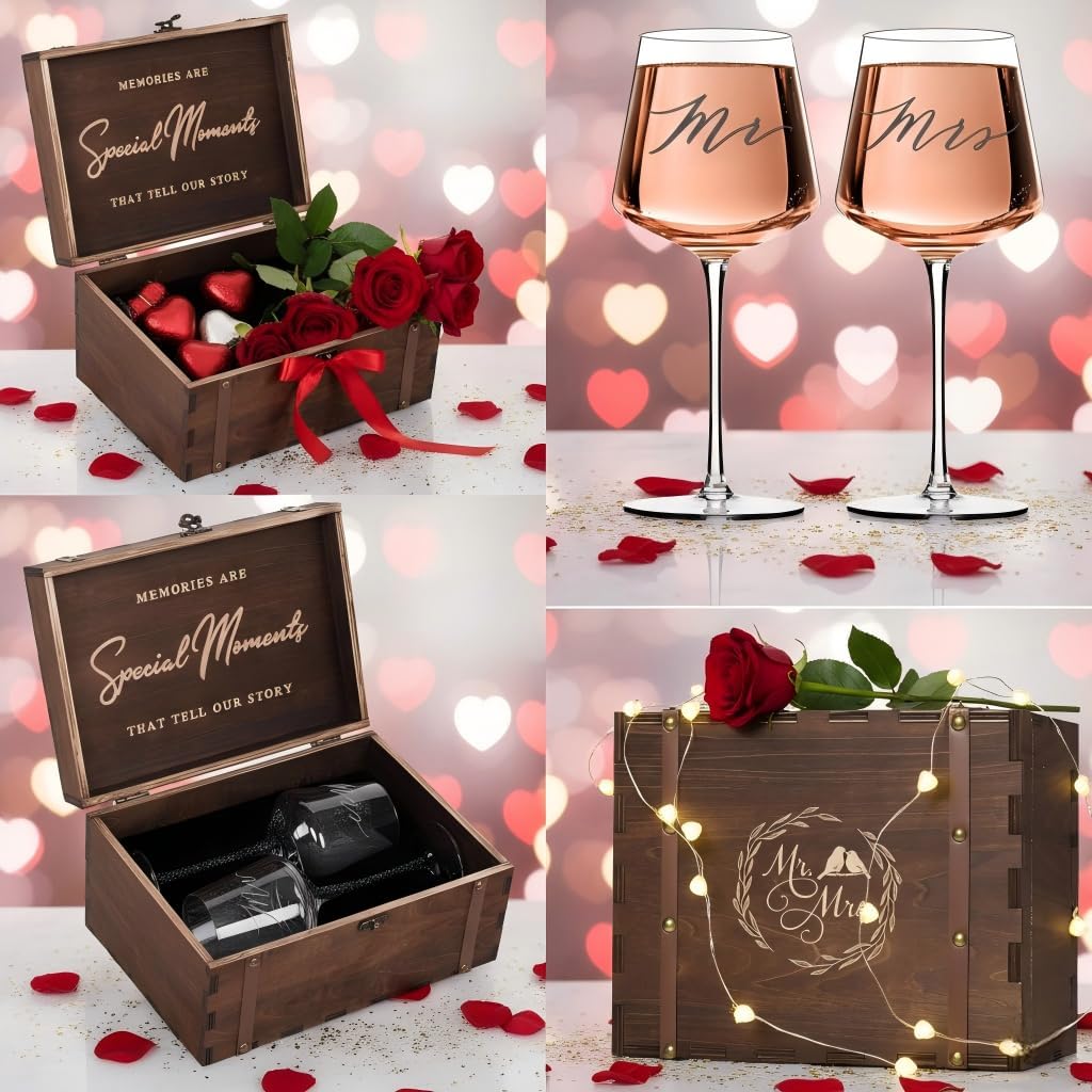 Mr & Mrs Wine Glasses Gift Set with VINTAGE Memory Box – Engagement, Wedding & Newlywed Gifts for Couples, Just Engaged Gifts for Women, Valentine's Day Gift for Couple - Image 4